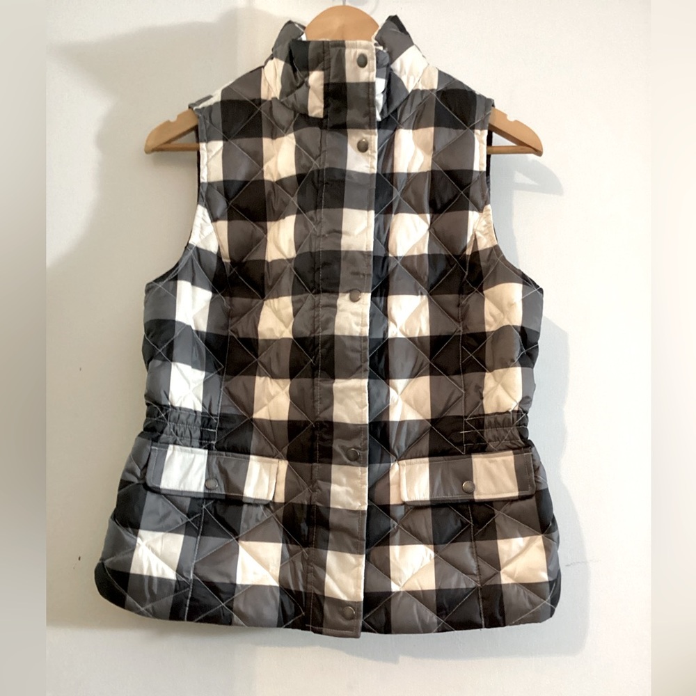 New Talbots Down Quilted Vest Black Grey White Large Buffalo Plaid Puffer XS - Picture 2 of 16